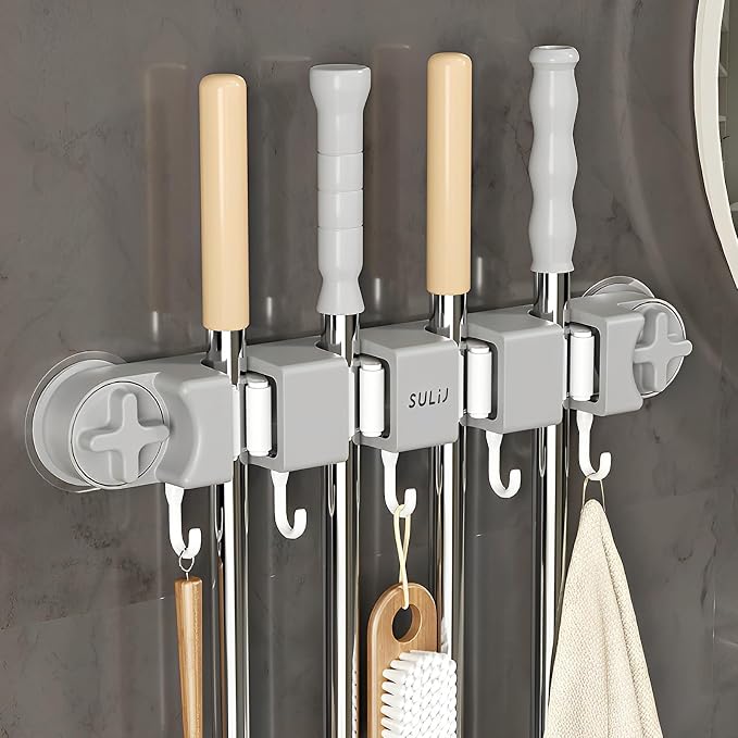 Broom Holder Wall Mount Sturdy Mop and Broom Organizer with 4 Racks and 5 Hooks Vacuum Suction Cup Broom Mop Holder for Home, kitchen, Garden, Tools, Garage (grey)