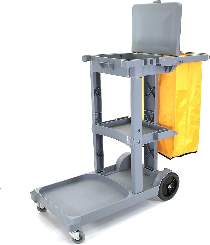 Commercial Janitorial Cart | 3 Shelves | 25 Gallon Vinyl Bag | Adjustable Shelf | 500 LBS Capacity