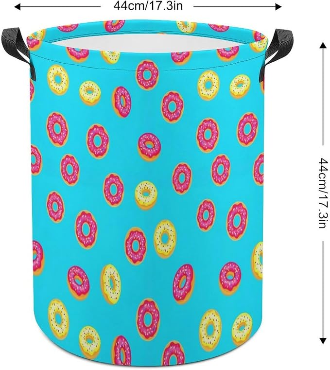 Foldable Waterproof Laundry Basket Donut Food Pattern, Portable Hamper with Handles for Clothes, Toy, and Bedroom Organization