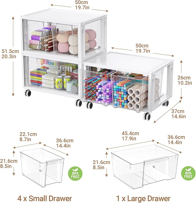 Extra Large Storage Drawer Cart, Storage Boxes 3 Tier-5 Drawer | With 2 Set Wheels, Stackable and Detachable Storage Units, Home Kitchen Organizer for Art Craft Supplies Bedroom Bathroom