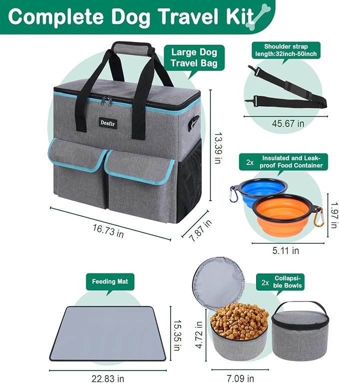 Dog Travel Bag - Dog Travel Kit for a Weekend Away Set Includes Pet Travel Bag Organizer for Accessories, 2 Collapsible Bowls, 2 Travel Food Container