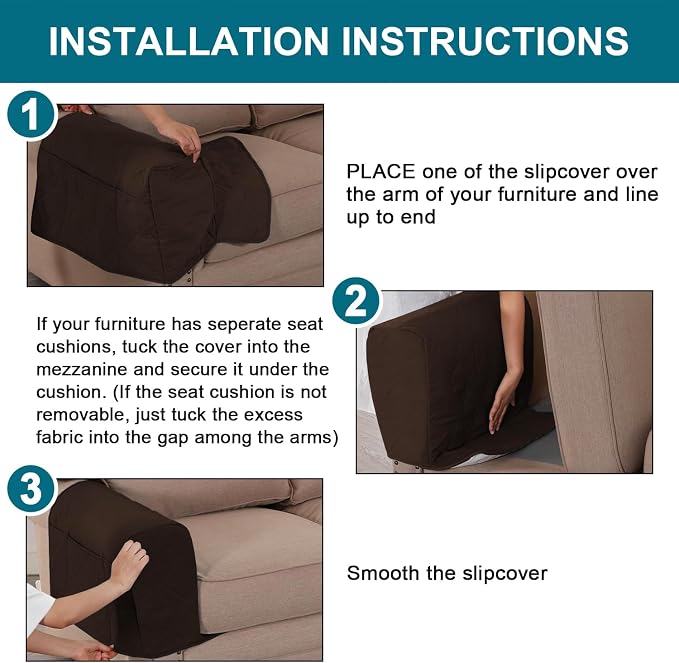 2-Pack Waterproof Armrest Covers for Couches & Chairs – Anti-Slip Furniture Protectors with Side Pockets, Washable Sofa Arm Covers, Universal Stretch Fit (Fits Most Armrests) (Brown)