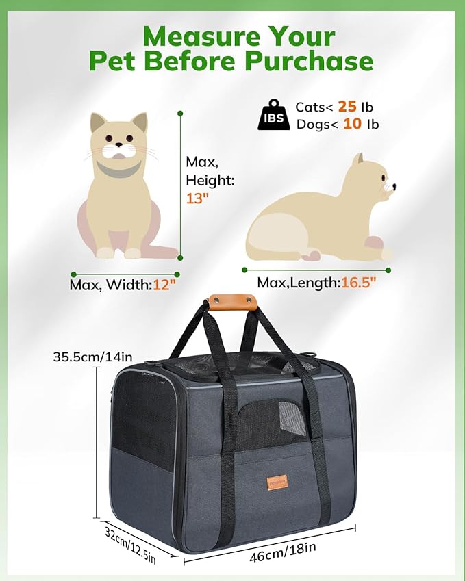 Morpilot Pet Carrier for Large Cats, Puppies & Small Dogs Up to 25lbs | Escape-Proof with Locking Zippers, Dual-Sided Cushion, Safety Buckle for Car & Vet Travel, Includes Foldable Bowl (Dark Gray)