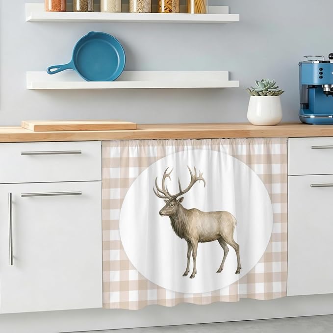 Majestic Buck Oven Skirt Curtain for Kitchen Decor 28"x35", Modern Natural Buck Rustic Farmhouse Plaid Self Adhesive Stove Curtains Skirt Cabinet Curtains for Bathroom Laundry Room