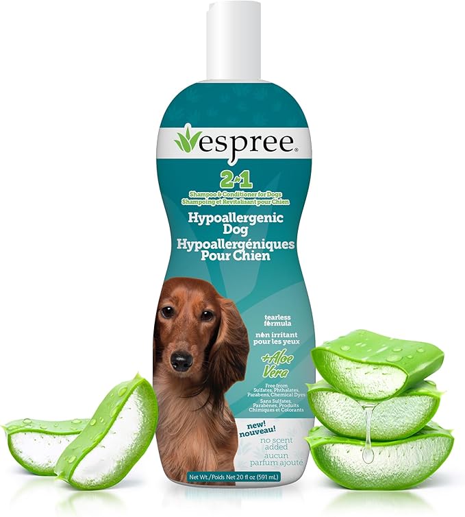 Espree Hypoallergenic Dog Shampoo & Conditioner, Dog Grooming Supplies, Tearless Formula with Aloe Vera, Made Without Sulfates, Parabens, Harsh Chemicals and Dyes, Safe for Sensitive Skin, 20oz