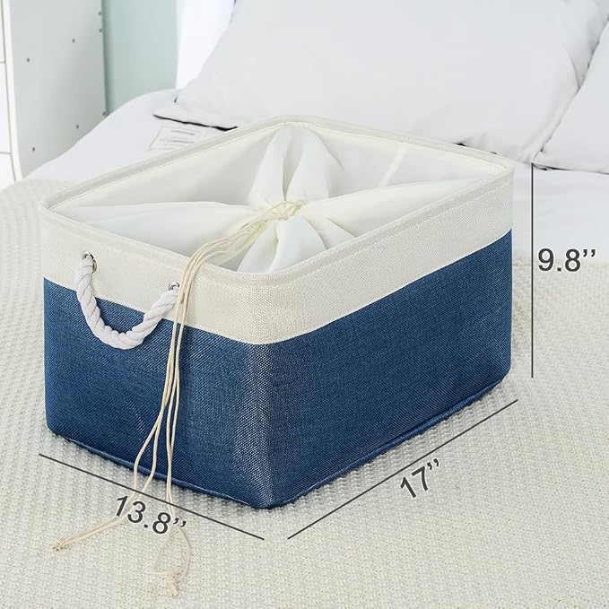 Organization and Storage Basket for Organizing - X Large 3 Pack 17.7L×13.8W×9.8H in Collapsible Storage Bin for Shelves, Basket for Gifts Empty Toys Organizer Gift (White & Jean Blus)