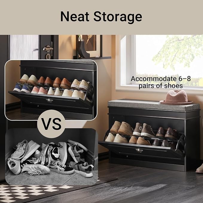 Haotian Shoe Storage Bench with Cushion | Black Narrow Shoe Rack for Entryway, Small Shoe Cabinet with Flip-Drawer, Closet Hallway Mudroom FSR82-L-SCH