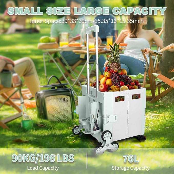 76L Folding Utility Cart Portable Rolling Crate Handcart Shopping Collapsible Tool Box with Stair Climbing Wheels,Hidden Lid,2 Rotate Wheels,for Grocery,Shopping,Office,Storage(Green White)