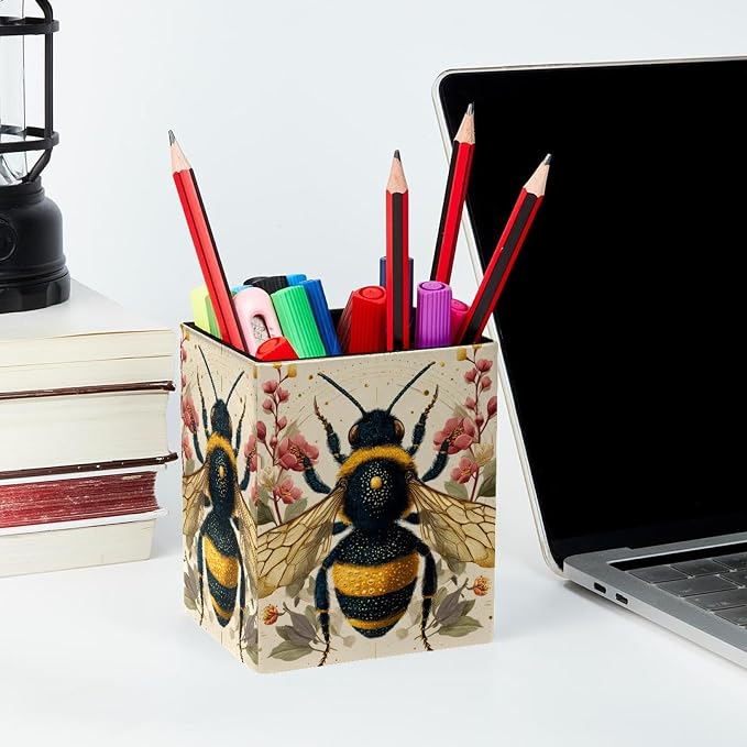 Flower and Bee Pen Holder for Desk Decor, Rectangular PVC Leather Pencil Cup for Desk Pen Organizer, Makeup Brush Holder for School, Home, Office