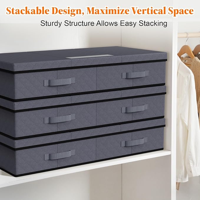 StoreHappily Under Bed Storage Containers with Lids, 2 Pack Foldable Grey | Storage organizer, Stackable Clothes Storage Bags, For Blankets Pillows Clothing, Clear Window, 3-Sided Handles, Label Slot