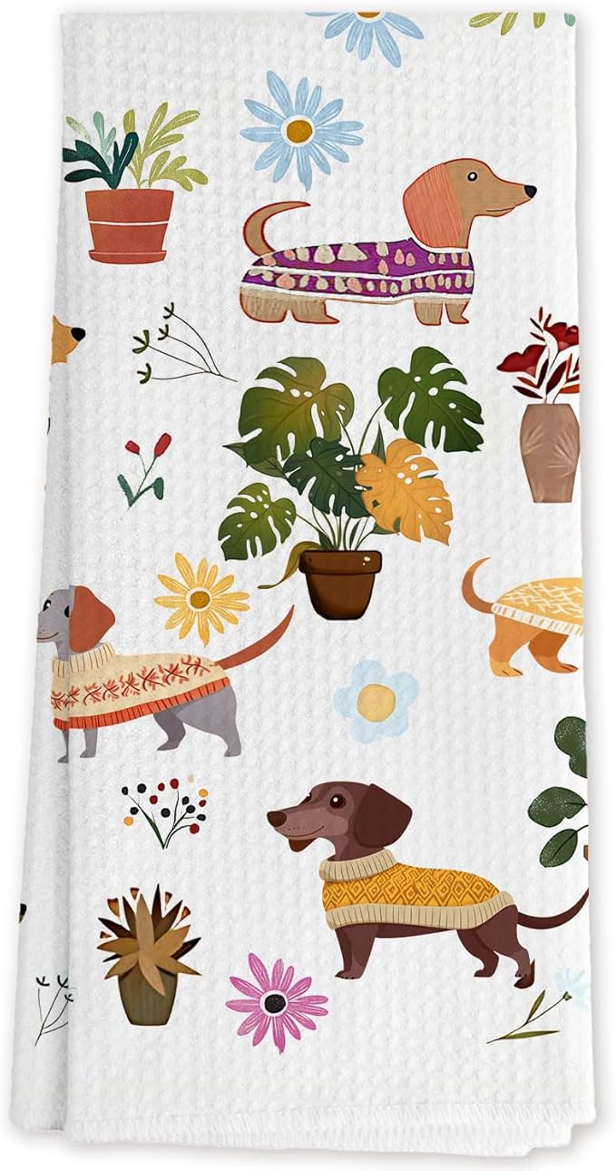 Dachshund Kitchen Towels, Boho Botanical Weiner Dog Dish Tea Towels, Weiner Dog Dachshund Gifts for Women, Dachshund Hand Towels for Kids Bathroom Kitchen Decor, 16x24 Inch