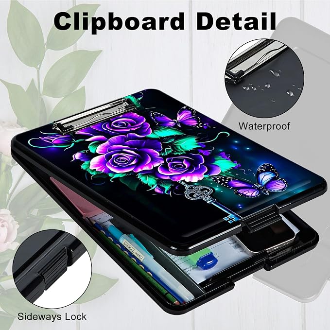 Purple Roses 02 A4 Clipboard with Storage Pen Holder, Clipboards Organizer Nursing Clipboard Foldable File Folder Plastic Clipboard Folio Clip Board for Office Students Classroom Doctor