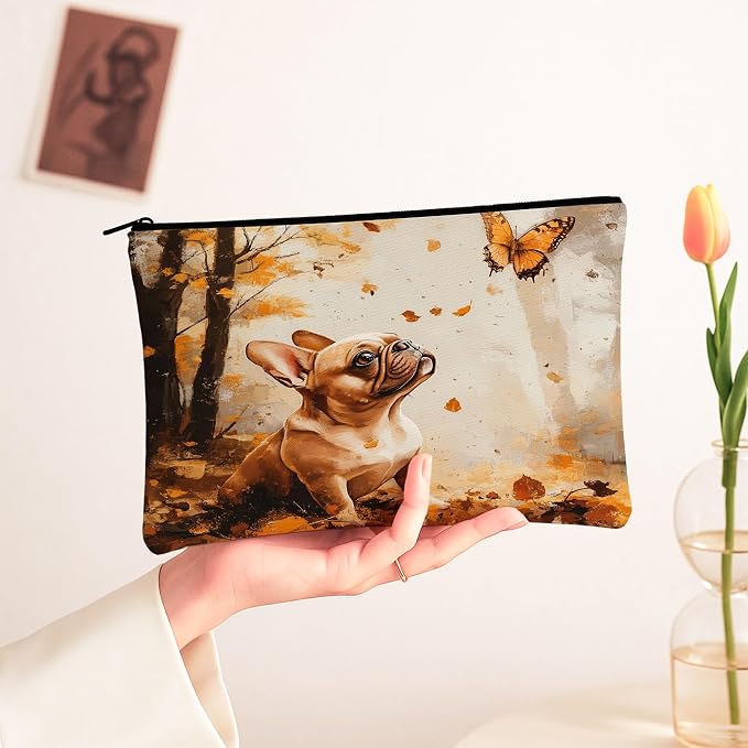Fall French Bulldog Dog Makeup Bag, Funny Autumn Forest Printed Cosmetic Travel Pouch for Women Girls, Pet Portable Small Canvas Zipper Organizer 7x9 Inch