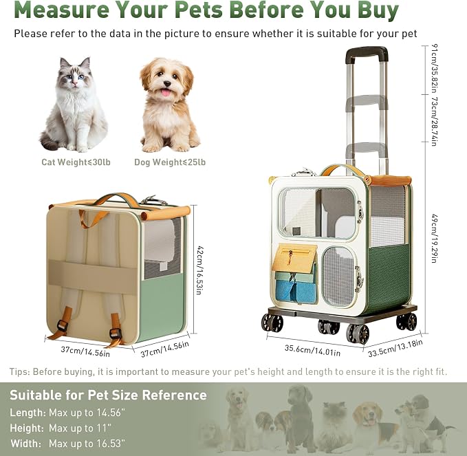 Cat Carrier with Wheels, Folding Rolling Pets Carrier on Wheel Soft Pet Handbag Cats Backpack, Dog Carriers up to 23 LBs Removable Cat Bag for Small Dogs Medium Cats Outing(NOT for TSA)