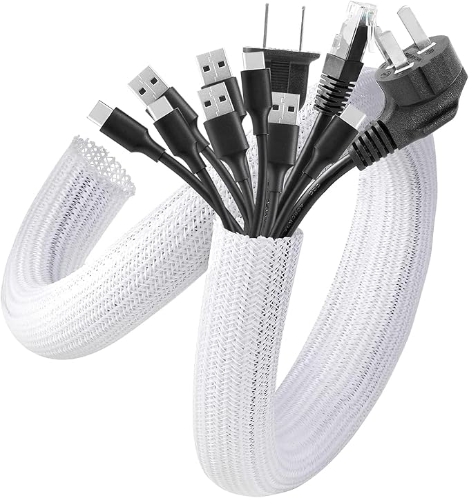 AGPTEK Cable Sleeve, 2 Pack 5ft - 1.6 Inch Cable Management Cord Hide,White | Desk Cord Cover Organizer Wire Hider for Office Computer TV Wire Loom Tubing Pet-Proof Cord Protector from Cat Dog Chewing