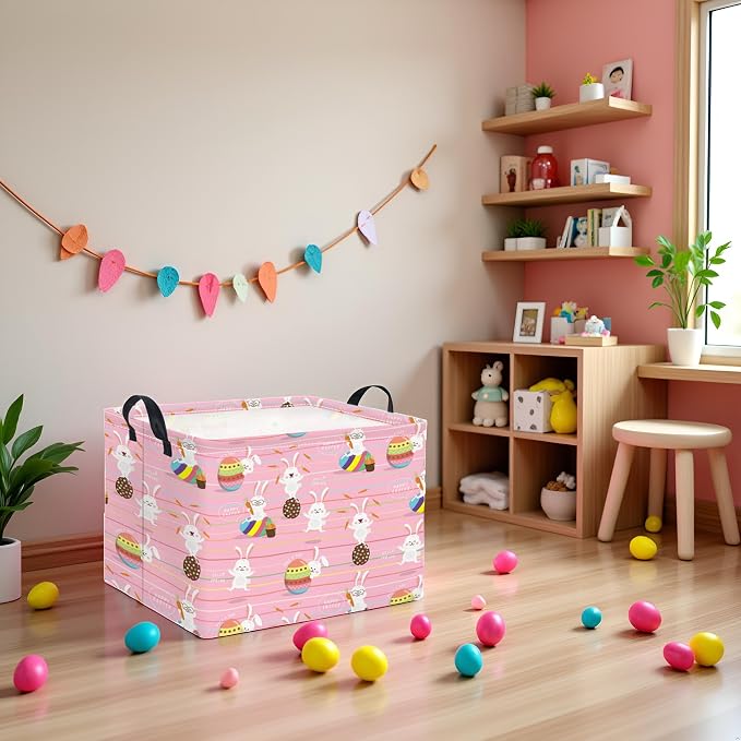 Rectangular Easter Basket Easter Basket for Kids Baby Storage Basket Cute Toy Storage Bin Organizer Shelf Book Basket Easter Room Decor(Line Easter Egg)