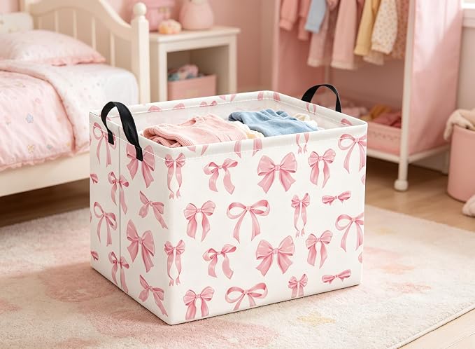 Rectangular Baby Kids Storage Basket for Home Kitchen Girls Cute Toy Storage Bin Organizer Shelf Book Room Decor(Silk Bowknot)