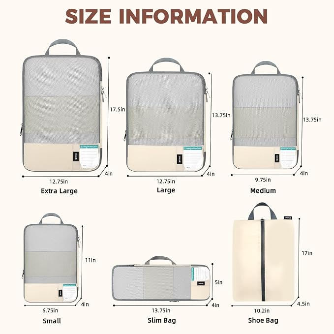 BAGAIL Lightweight Compression Packing Cubes for Travel, 6 Set, Beige | Salis Nylon Fabric,Anti-Tearing,Save Space,SBS Zippers,Packing List,PVC Tag Pocket,Custom Labels,Visible Mesh,Portable Handel