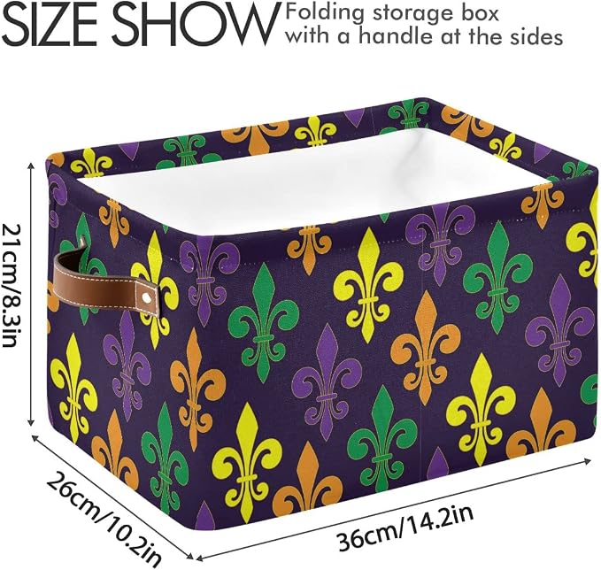 Mardi Gras Fleur de Lis Purple Storage Basket Fabric Laundry Baskets Mask Beads Confetti Feather Accessories Storage Boxes Organizer Bag for Cloth Toy Book Storage Cubes Shelf Closet Bins 16×12×8
