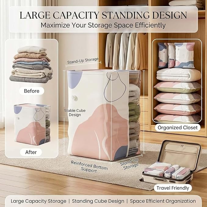 No‑pump Vacuum Storage Bags, Cube Compression Space Saver Bags, 3-Sec Fast Compression, No Pump Needed For Dorm And Home Organizing & Packing (2Pcs/L:31.5 × 39.4 × 11.8 in)