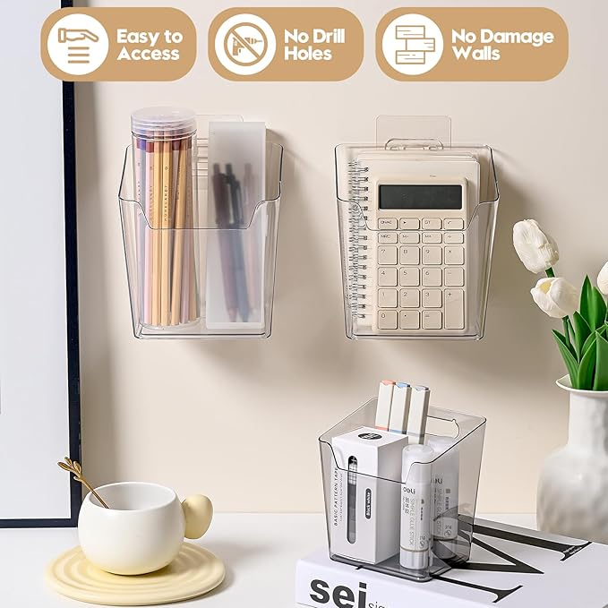 Clear Acrylic Pen Holder, 6 Pack Cabinet Door Organizer Adhesive, Bathroom Wall Mount Caddy Kitchen Plastic Storage Bin Box for Office Marker,Art Supply, Small Cleaning Supply, Seasoning Drink Packet