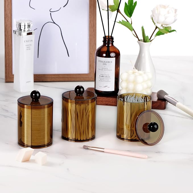 SheeChung 2 Pack Amber Qtip Holder,Acrylic Apothecary Jars with Lids | 10oz Qtip Dispenser Bathroom Set,Clear Plastic Vanity Storage Canisters for Cotton Swabs,Balls,Pads