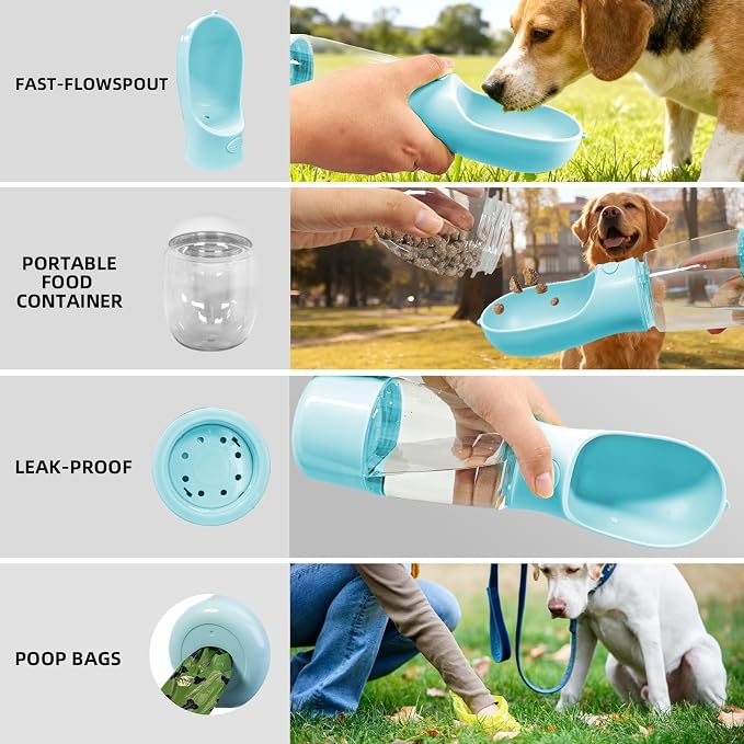 Portable Dog Water Bottle with Bowl, Food Container & Poop Bag Holder, 13.5 oz, Leak Proof Travel Pet Water Bottle for Dogs & Cats, Food Grade Plastic Dispenser for Walking, Hiking & Camping (Green)
