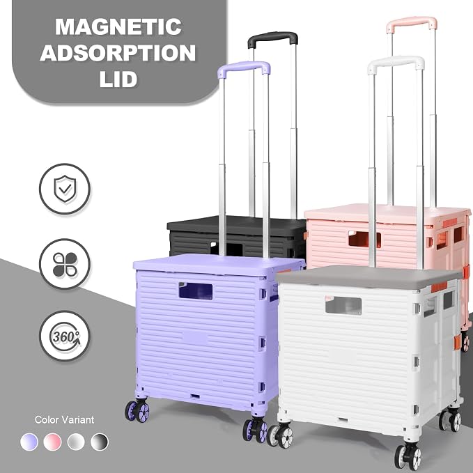 Foldable Utility Cart Folding Portable Rolling Crate with Magnetic Extended Lid,360°Rotate Wheels,176LBS Load Capacity,Heavy Duty Durable Dolly Cart for Teacher Tourist Shopping Office Outdoor(White)