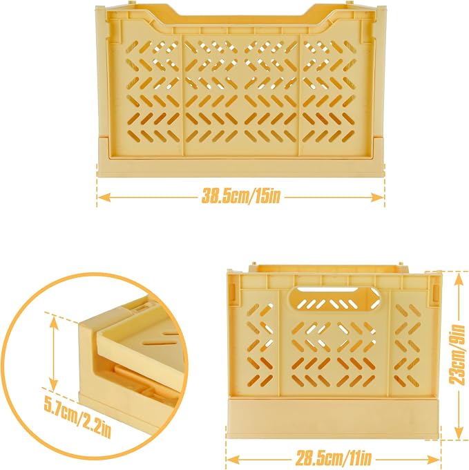 2 Pack Stackable Storage Crates, Plastic Foldable Baskets Tall Yellow | Easy-carry handles, suitable for toys books groceries office supplies and household storage for home office shopping