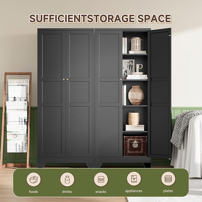75" H Metal Storage Cabinet with 2 Doors and 4 Shelves,Tall Kitchen Pantry Cabinets,Farmhouse Utility Pantry Organizers for Cupboard/Dining/Bathroom/Home Office/Garage Room,Black
