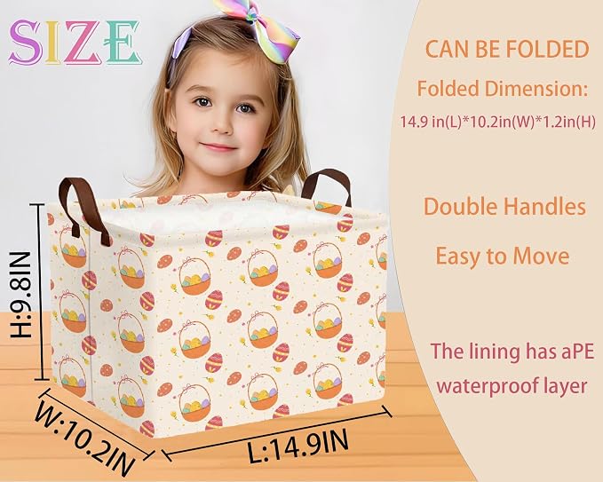 Large Rectangular Easter Baskets Empty Waterproof Boy Toy Box Foldable Kid's Gifts Storage Bin Spring Room Decor(Small Round Dot Gift Basket Egg)