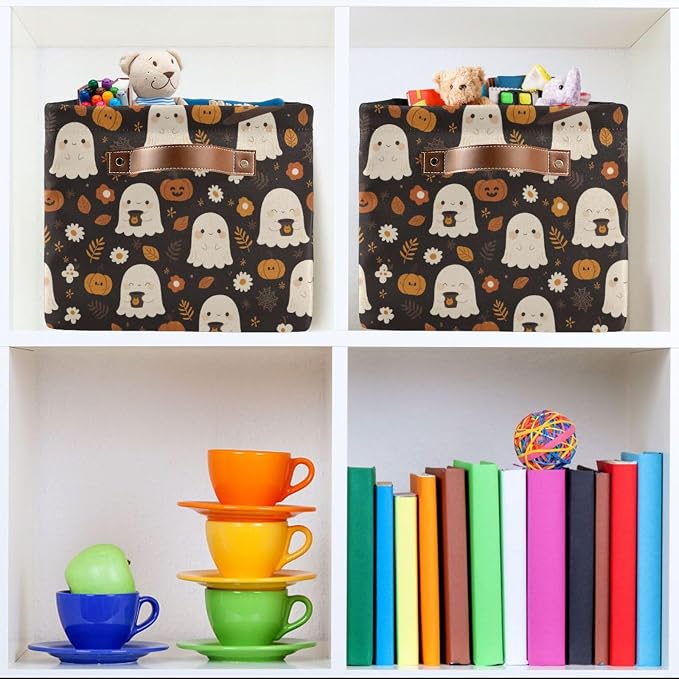 Kigai Storage Basket, Fabric Collapsible Closet Organizer Bin | Halloween Boo Waterproof Foldable Canvas Basket with Handles for Shelves, Nursery, Closet, Bedroom & Bathroom