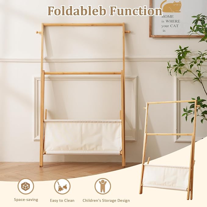 Baveke Montessori Bamboo Clothing Rack for Toddlers - Foldable Kids Wardrobe Organizer with Storage Basket, Nursery Clothes Storage Rack for Small Spaces, Sustainable & Easy Assembly