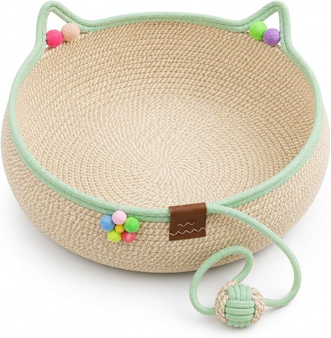 Cat Basket Bed with Cushion and Hanging Ball Toy, Handwoven Cotton Rope Cat Bed Basket, Boho Nesting Pet Bed for Kittens Puppies Scratchable Woven Cat Nest Lounger Sleeping & Playing，C：Small