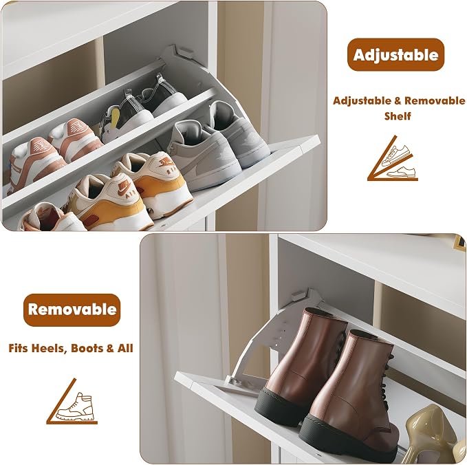 Shoe Cabinet Storage for Entryway with 2 Flip Drawers,Barn Door | Narrow Shoe Rack Cabinet with Adjustable Shelves & Hidden Storage for Foyer, Hallway, Living Room, 2 Hooks,White