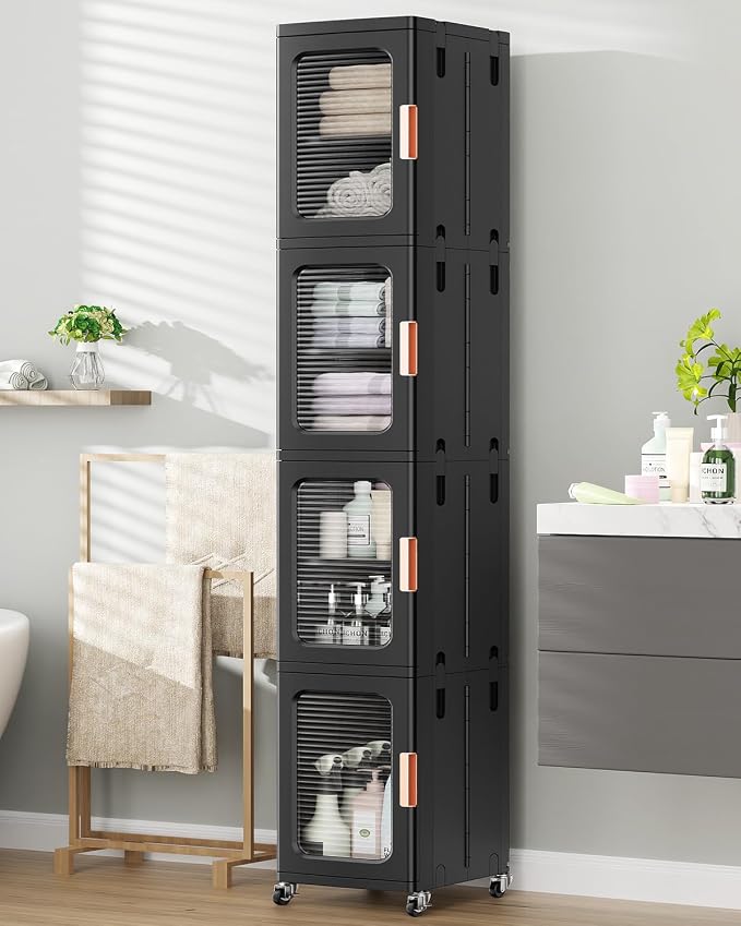BROVIEW 4-Tier Tall Narrow Storage Cabinet Organizer, Slim Bathroom Cabinets with Adjustable Shelves and Doors, Plastic Kitchen Pantry Organizers and Storages for Small Space, Laundry, Black