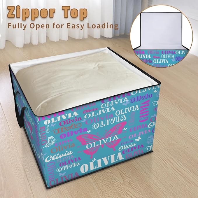 Personalized Extra Large Storage Bins with Lid, Customized Name Lake Blue Background with Butterfly Storage Basket Rectangle Clothes Organizer for Organizing Kids and Pets Toys Shelf Closet