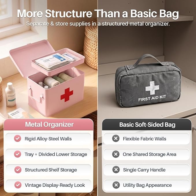 Flexzion Large Metal First Aid Box Empty, 8.5-Inch, Pink with White Cross | Vintage Medicine Box and First Aid Storage Organizer with Removable Tray and Dividers; Empty Box Only, Supplies Not Included