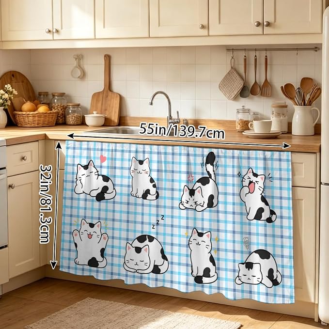 Cute Cat Sink Skirt for Bathroom, Self-Adhesive Under Sink Curtain, Modern Playful Pet Cats Blue Purple Plaid Hide Pipes & Storage Fabric Cabinet Skirt Cover for Kitchen Laundry 32"x55"