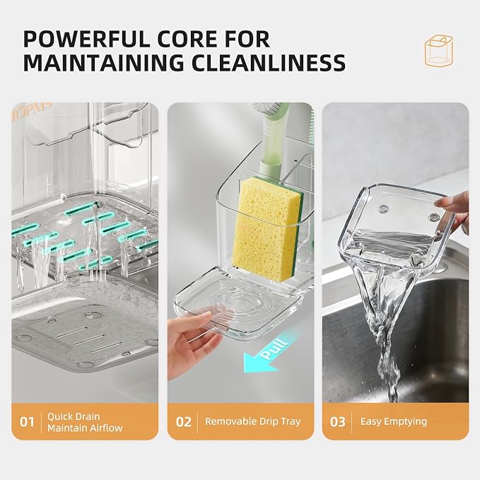 MOPMS Kitchen Sponge Holder with Drip Tray, Sink Caddy Organizer | Clear PET Kitchen Storage Rack Holds Brushes with Removable Divider, Durable Countertop Holder Space-Saving