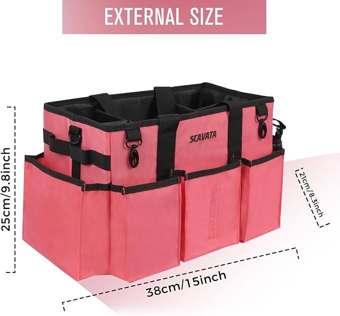 SCAVATA Wearable Cleaning Caddy Bag, Cleaning Caddy Supplies Organizer with Handle & Shoulder Straps for Housekeepers, Under Sink & Car Cleaning Tool Organizers with 4 Foldable Divider (RoseRed)
