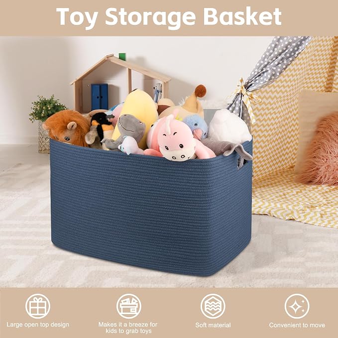 OIAHOMY 118L XXXLarge Rope Storage Basket, Oversized Blanket Basket Blue | 25" x 17" x 16" Used for Organizing Dirty Clothes in Living Room, Bedroom, Nursery, Extra Large Basket,Dog Toy Storage Bins