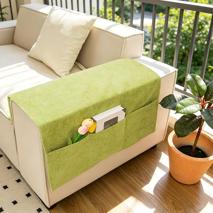 Sofa Armrest Cover with Pockets Set of 2 Solid Color Furniture Protector Slip Chenille Non Slip Recliner Organizer Remote Holder Caddy Accessories for Living Room Bedroom Kitchen 24*43.3 Inch Green
