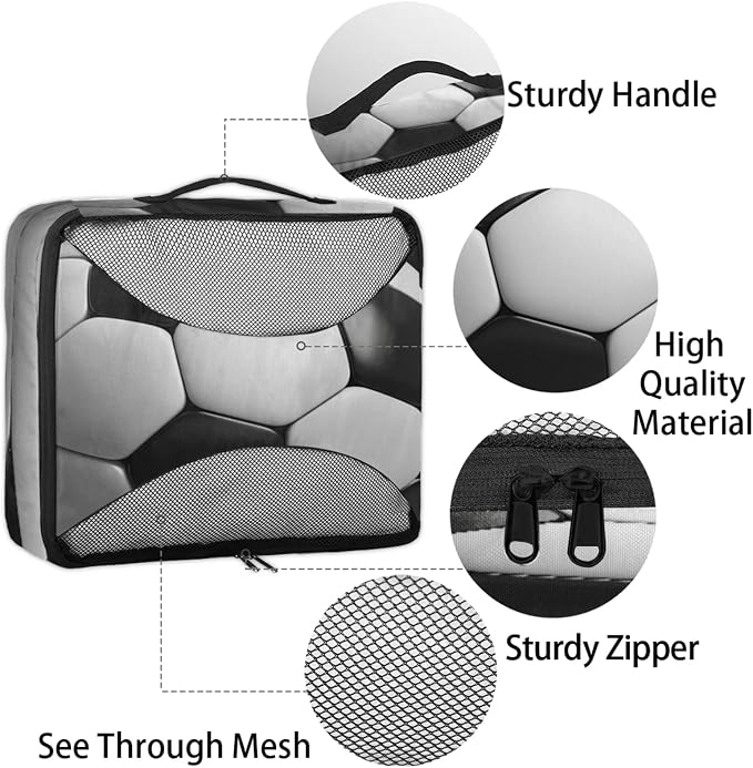 4 Set Packing Cubes for Travel, American Football Packing Cubes for Women, Travel Luggage Packing Organizers, Packing Cube Set, Black and White Soccer