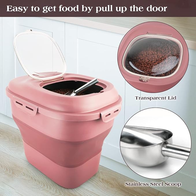 TIOVERY Dog Food Storage Container, Airtight Collapsible 13lb to 30lb Pet Food Container with Flip Top, Rolling Wheel, Scoop and a small container for Dog Cat Food and Dry Food of Rice, Flour