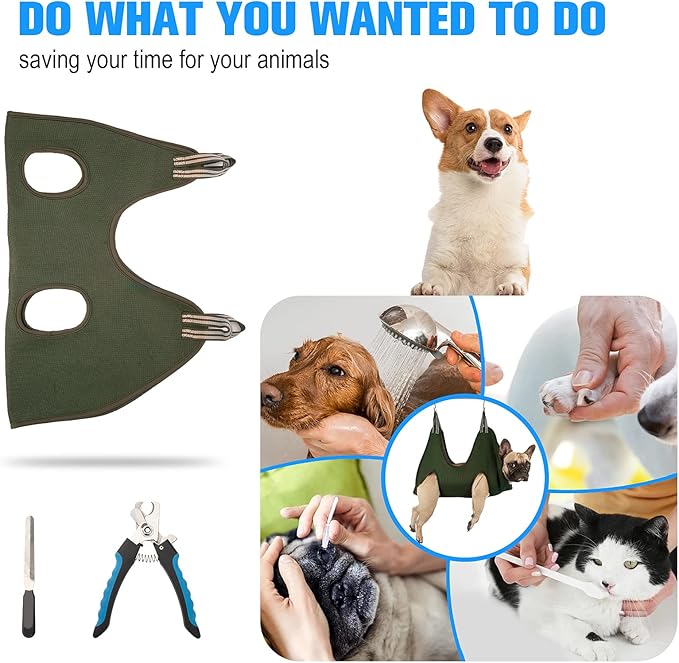Kkiimatt 10 in 1 Dog Grooming Hammock Harness with Clippers/Trimmer, Dog Nail Hammock, Grooming Sling Holder Hanger Restraint for Nail Trimming/Clipping (S/Under 30lb, Khaki Green)