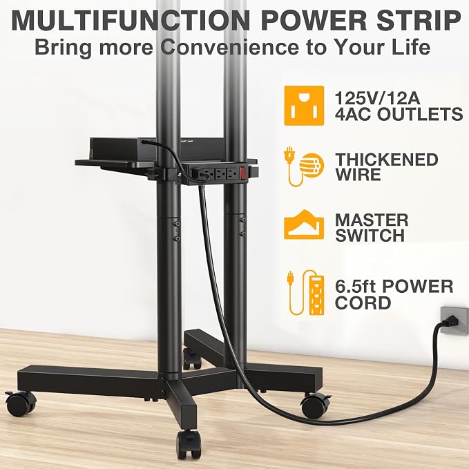 Rolling TV Stand with Power Outlet for 32-75 Inch TVs up to 88 lbs | Portable TV Stand on Wheels and Height Adjustment, Outdoor TV Stand with Shelf for Bedroom, Office, Max VESA 400x400mm