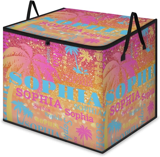 Custom Name Large Clothes Storage Organization with Lids, Tropical Palm Trees Bedding Clothes Storage Bin Shelf Basket for Nursery, Gift Basket, Pet Basket, Bright Shiny Orange Glittering Bling