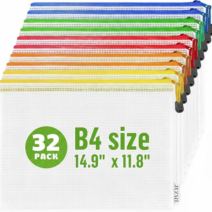 32 Pack Large Mesh Zipper Pouch B4 (12x15in) - Game Bags for Puzzle and Toy Storage Bags - Board Game Storage Zip Plastic Mesh Bags for Toys & Playroom Organization and Storage Zippered Pouches Folder