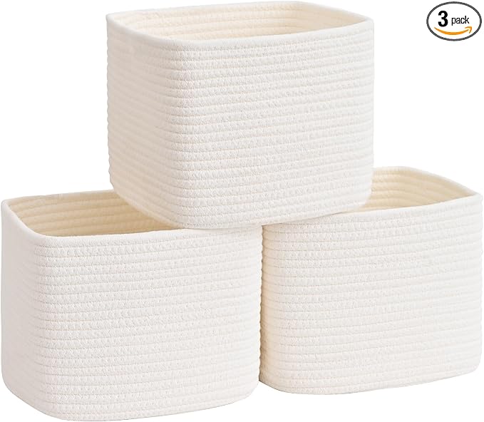3 Pack Cube Storage Bin, 9”x9”x7” Cotton Rope Woven Baskets for Organizing Toys Clothes Towels, Square Gift Storage Baskets for Shelves, Nursery, Closet, Bathroom, Pantry (White)